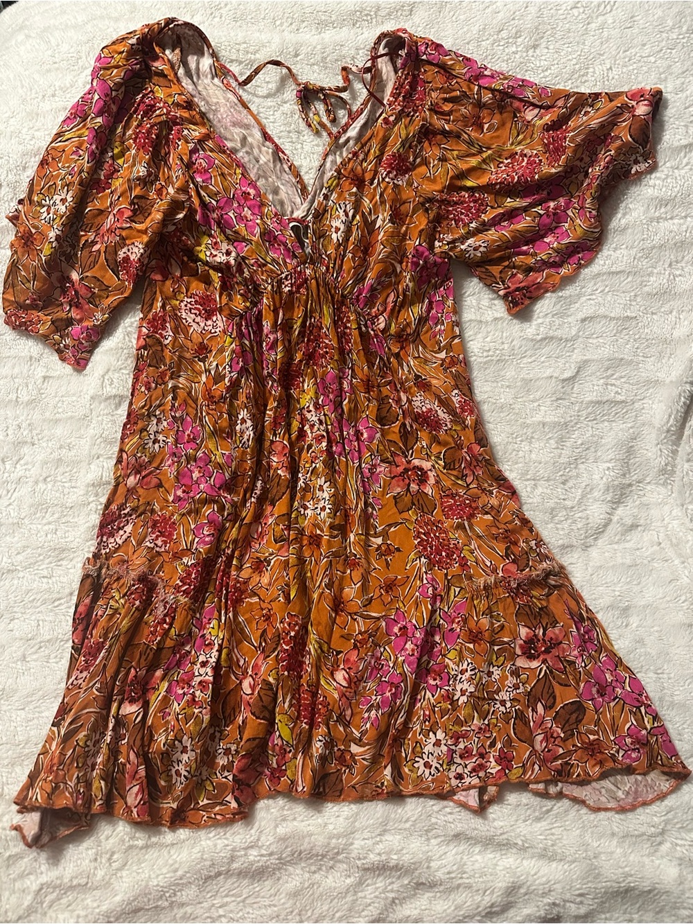 Floral Tie-Back Mini Dress in Rust and Pink